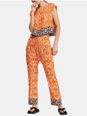 Free People Orange Floral Straight-Leg Jumpsuit with Contrast Border